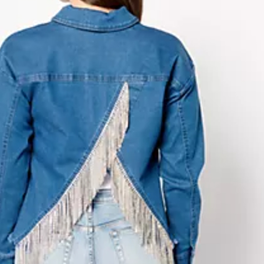 Women with Control Blue Jean Jacket with Silver Fringe
